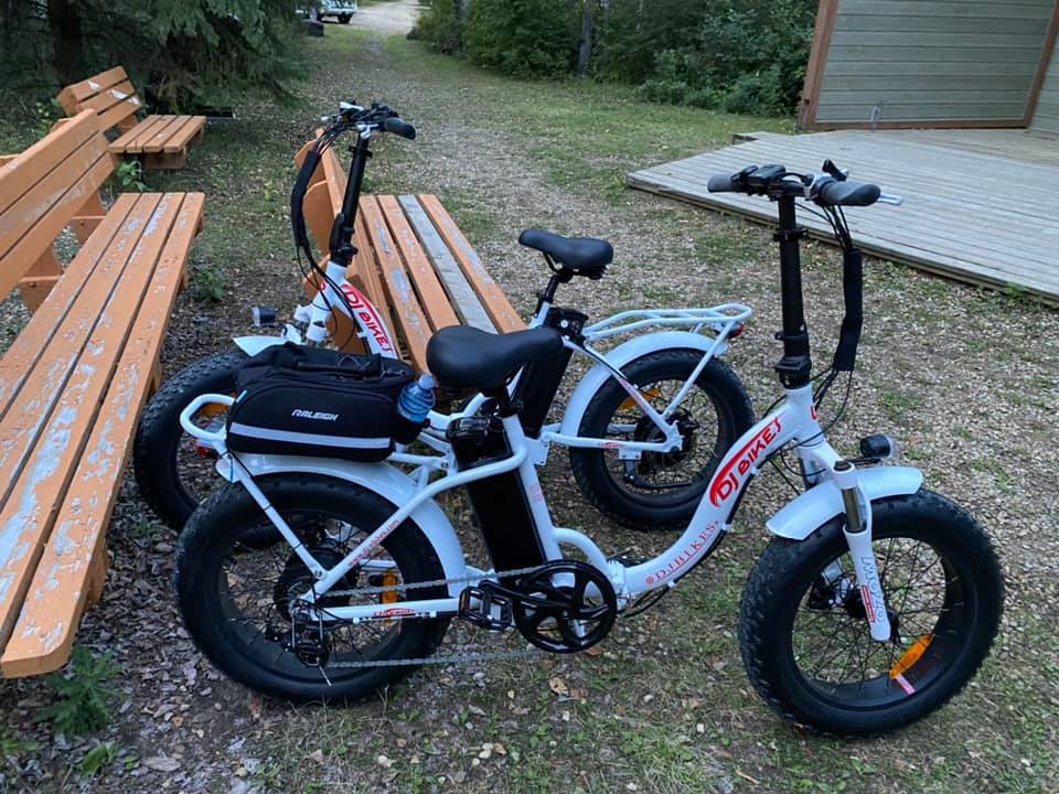 Two DJ Folding Bike Step Thru folding electric bikes with step through, equipped with trunk bag, in a forest next to three benches