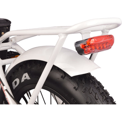 DJ Bikes step through folding electric bike,, loaded with accessories like fenders and rear storage rack with integrated taillight, great value for an electric bike
